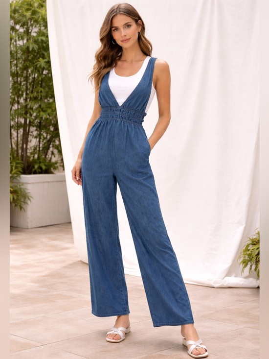 indulge Pants - New Sleeveless Denim Jumpsuit M Wide Leg Blue Chambray Boho Comfy Chic Vacation
